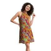 Inela Halter Flare Cocktail Dress - Flower Power Floral Vibrant Print Psychedelic Retro Red Pink Yellow Bold Paisley Multicolor Chiffon