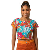 Inia Print Statement Crop Tee in turquoise, hot pink, burnt orange and cream psychedelic floral print — women's bold made-to-order crop top from the London Bliss Collection by Blissfully Brand
