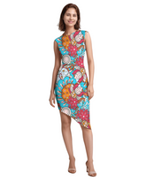vibrant, asymmetrical Inia print midi dress featuring a aquatic bold floral pattern in turquoise, pink, and orange. The dress is sleeveless , cap sleeve with a round neckline - Profonde by Blissfully Brand