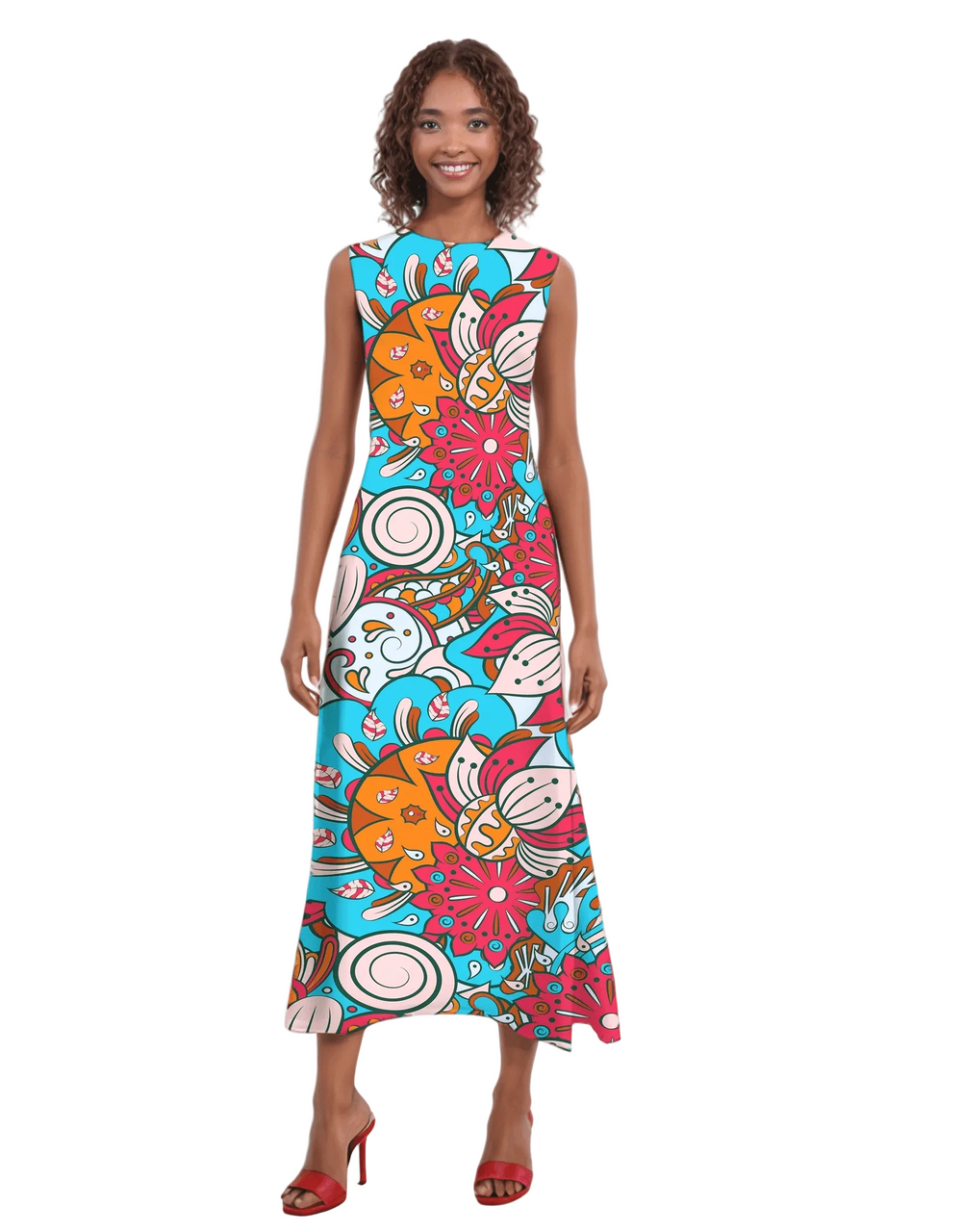 Bright and colorful Inia print flowy sleeveless maxi dress with bold ocean-inspired floral patterns in blue, orange, and pink - Profonde by Blissfully Brand