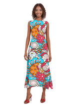 Bright and colorful Inia print flowy sleeveless maxi dress with bold ocean-inspired floral patterns in blue, orange, and pink - Profonde by Blissfully Brand