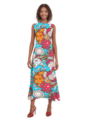 Bright and colorful Inia print flowy sleeveless maxi dress with bold ocean-inspired floral patterns in blue, orange, and pink - Profonde by Blissfully Brand