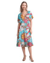 Blissfully Brand Inia Print Draped V-Neck Midi Dress — vibrant turquoise, pink and orange psychedelic print, butterfly sleeves, relaxed fit, 45 inch length, Profonde Collection, made to order Montreal