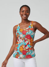 Inia Print Round Neck Tank Top in electric turquoise, crimson red, and amber orange pop-art florals — Premium ITY Knit, handmade to order in Montreal, Profonde Collection by Blissfully Brand