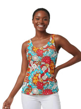 Inia Print Round Neck Tank Top in electric turquoise, crimson red, and amber orange pop-art florals — Premium ITY Knit, handmade to order in Montreal, Profonde Collection by Blissfully Brand