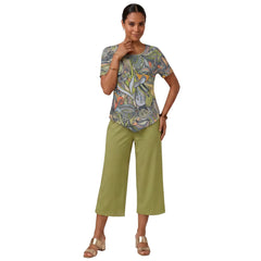 Woman wearing Jana print handkerchief-hem top with Dark Olive Green cropped wide-leg pants, Blissfully Brand made-to-order two-piece set