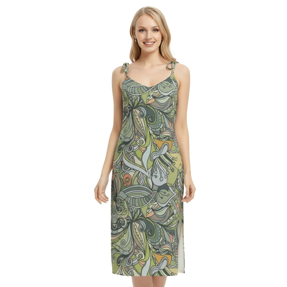 Jana Tie Strap Split Chiffon Midi Dress - Wild Paisley Print V-neck All over Split Leg Psychedelic Retro Green Yellow Brown Abstract Swirls Floral - Blissfully Brand