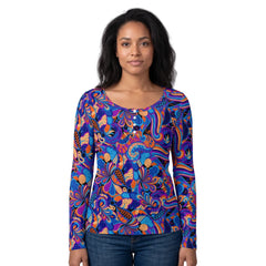 Jina Print long sleeve ribbed henley top in Retro pattern with blue purple orange swirling paisley-inspired abstract print, fitted knit women’s top - Blissfully Brand