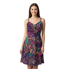 Vibrant Juhla print spaghetti strap mini dress in psychedelic paisley pattern with multicolored swirls - Sweetheart Neck - Blissfully Brand