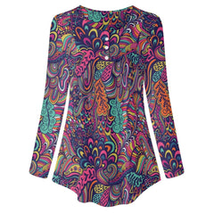 Colorful Bohemian Psychedelic Paisley Pattern Long-Sleeve Blouse Pleated Top Round Neck Blissfully Brand