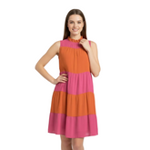 Juhla colorblock tiered halter dress flamingo orange french rose – ruffle neck sleeveless pleated dress with bow back made to order - Blissfully Brand