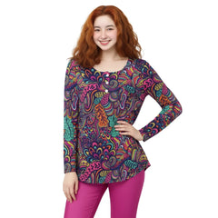 Colorful Bohemian Psychedelic Paisley Pattern Long-Sleeve Blouse Pleated Top Round Neck Blissfully Brand