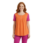 Women's casual short-sleeve top in orange with contrasting pink sleeves, scoop neck, three decorative buttons, and loose flowing fit - Blissfully Brand