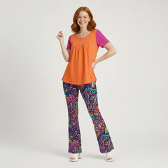 Juhla Color Block Scoop Neck Tunic Top with Button Detail