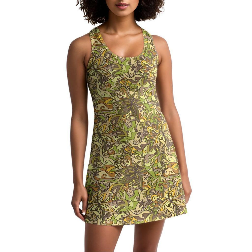 Kai Racerback Mini Dress - Green Orange Kaleidoscopic Floral Print Retro Swirls Brown Multicolor Playful Pattern