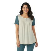 Women's light green beige and teal colorblock short sleeve button-down top, A-line silhouette, casual style - Blissfully Brand
