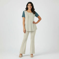 Kalei Two-Tone Scoop Neck Tunic Top with Button Detail