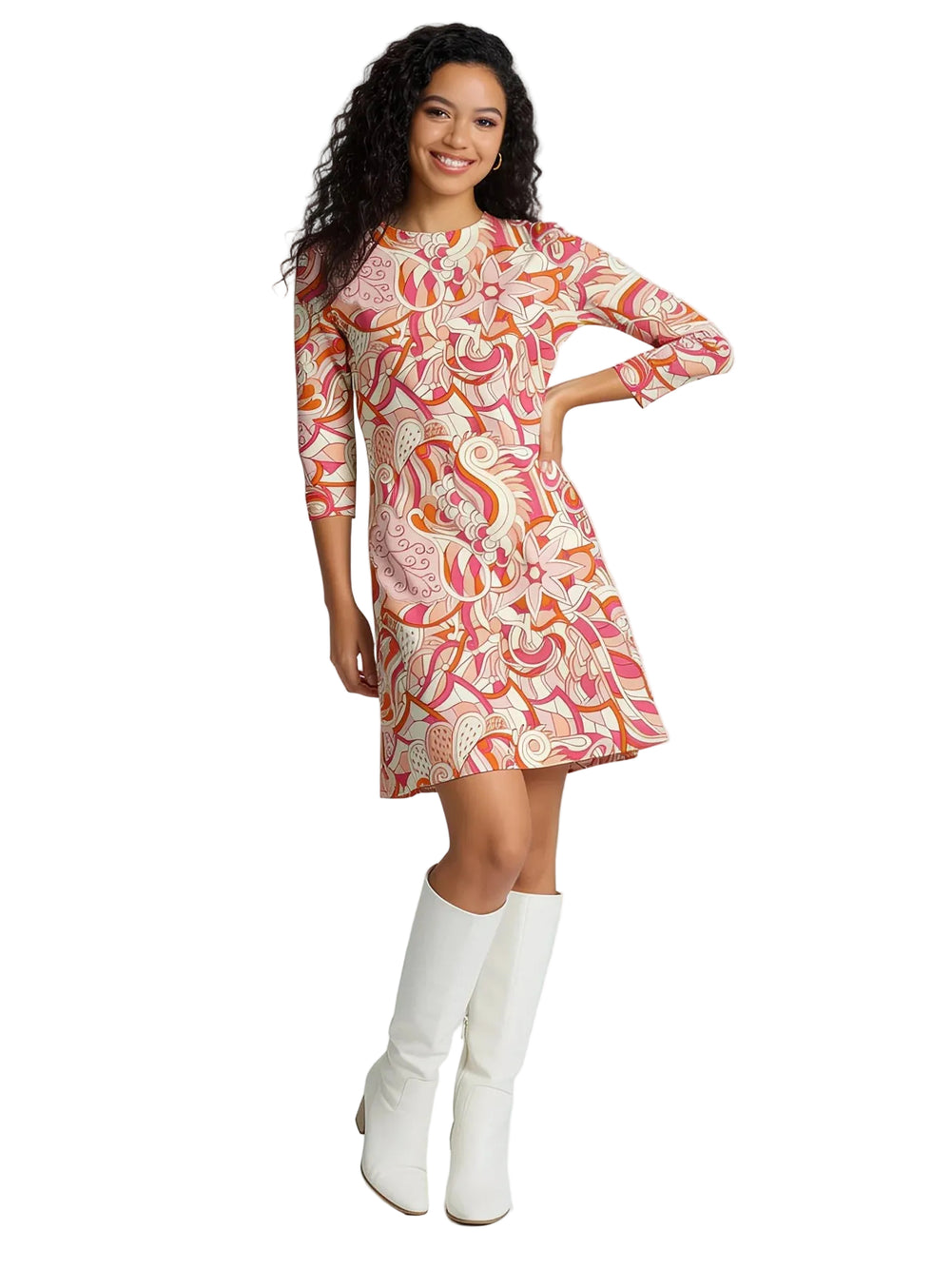 Keki print 3/4 sleeve flare dress in retro coral pink orange swirl pattern - women's above knee A-line dress - Profonde by Blissfully Brand - Made to Order in Canada