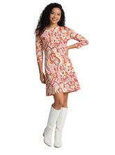 Keki print 3/4 sleeve flare dress in retro coral pink orange swirl pattern - women's above knee A-line dress - Profonde by Blissfully Brand - Made to Order in Canada
