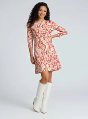 Keki print 3/4 sleeve flare dress in retro coral pink orange swirl pattern - women's above knee A-line dress - Profonde by Blissfully Brand - Made to Order in Canada
