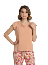 Wax orange draped cowl neck top cap sleeve Keki Solid Series – loose fit ITY knit blouse Montreal made styled with Keki print palazzo pants - Profonde by Blissfully Brand