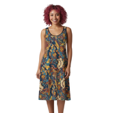 Kuri Sleeveless Midi Crepe Dress -  Retro Psychedleic Floral Print with Round Neck with Low Cut Back - Blissfully Brand