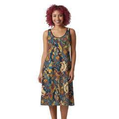 Kuri Sleeveless Midi Crepe Dress - Retro Psychedleic Floral Print with Round Neck with Low Cut Back - Blissfully Brand
