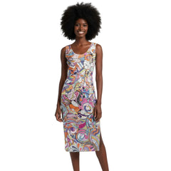 Kyuka Split Leg Bodycon Midi Dress - Multicolor Abstract Kaleidoscopic All Over Print - Retro - Psychedelic - Swirls - Geometric - Bold - Vibrant - Handmade in England- Side Slit - Body Contour - Plus Size