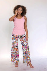 Bohemian colorful Kyuka print palazzo pants with abstract Retro print, statement wide leg trousers - Profonde by Blissfully Brand