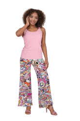 Bohemian colorful Kyuka print palazzo pants with abstract Retro print, statement wide leg trousers - Profonde by Blissfully Brand
