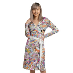 Kyuka Kimono Wrap Dress - Multicolor Kaleidoscope All Over Print - Psychedelic - Retro - Swirls - Paisley - Floral