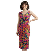 Lina Split Leg Fitted Bodycon Midi Dress - Abstract Geometric Multicolor Print - Psychedelic - Retro - Swirls - Pink Orange Blue Dark - Handmade in England - Blissfully Brand - Side Slit - Body Contour - Plus Size