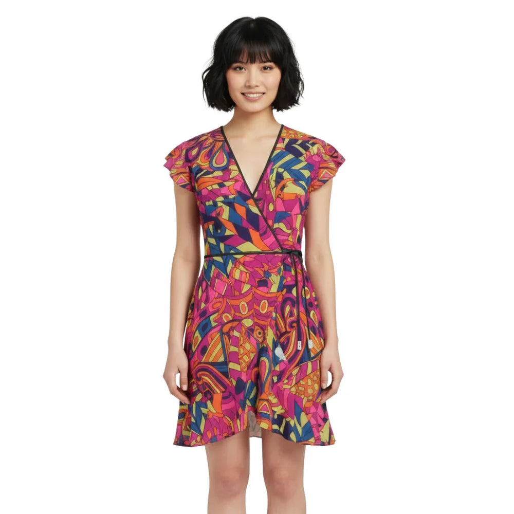 Lina Flounce Wrap Dress - Psychedelic Retro Pink Orange Green Abstract Multicolor Geometric Print - Tea Dress - Handmade in England