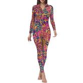 Vibrant, full-body Lina Print Jumpsuit with a colorful abstract psychedelic geometric pattern. - Collar Long Sleeve Fitted - Blissfully Brand