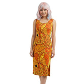 Mandra Split Leg Fitted Bodycon Midi Dress - Abstract Orange Black Paisley  All Over Print - Psychedelic - Retro - Swirls - Handmade in England - Blissfully Brand - Bold & Vibrant - Plus Size