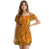 Vibrant orange Mandra print off-shoulder ruffle mini dress with psychedelic floral geometric pattern and adjustable tie waist - Blissfully Brand