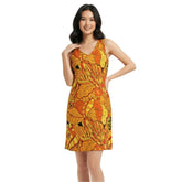 Vibrant orange and yellow Mandra print sleeveless mini dress with psychedelic floral pattern - Retro Vibes by Blissfully Brand