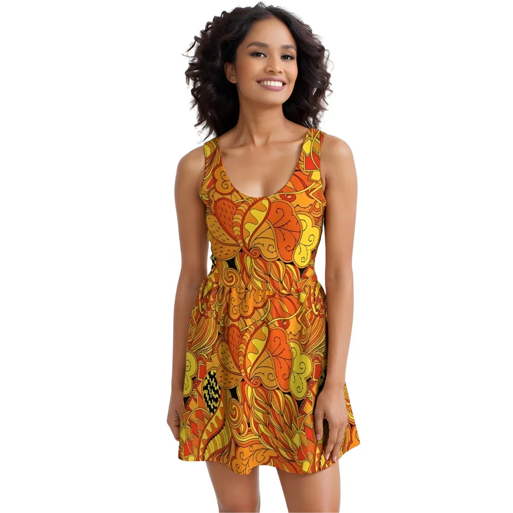 Retro Vibrant orange Mandra print skater dress with psychedelic patterns and flared skirt - Blissfully Brand