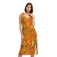 Vibrant orange psychedelic Mandra print midi dress with tie straps and side slit, showcasing retro floral pattern for women's summer fashion. - Blissfully Brand Black Label