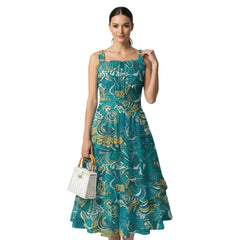 Masu print teal and yellow floral ruffle midi sundress with wide straps - Blissfully Brand