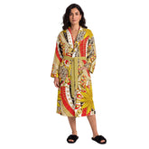 Woman wearing Merina print Art Deco Floral - lightweight flannel lounge robe with Tacha Yellow tie belt and front patch pockets - Blissfully Brand