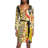 Merina Wrap Mini Dress - London Bliss Collection - Greek Key & Mehndi Style Print - Plus Size - Made in England - Swirls Retro Funky Wild Vibrant Bold