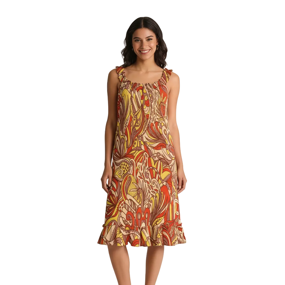 Miarna print ruffled lace neck spaghetti strap dress with Art Nouveau floral pattern in burnt sienna and golden tones - Blissfully Brand A-line summer dress