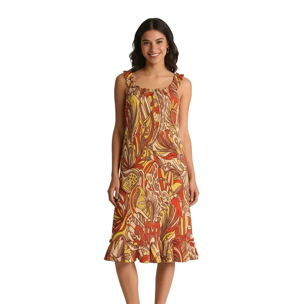 Miarna print ruffled lace neck spaghetti strap dress with Art Nouveau floral pattern in burnt sienna and golden tones - Blissfully Brand A-line summer dress