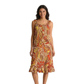 Miarna print ruffled lace neck spaghetti strap dress with Art Nouveau floral pattern in burnt sienna and golden tones - Blissfully Brand A-line summer dress