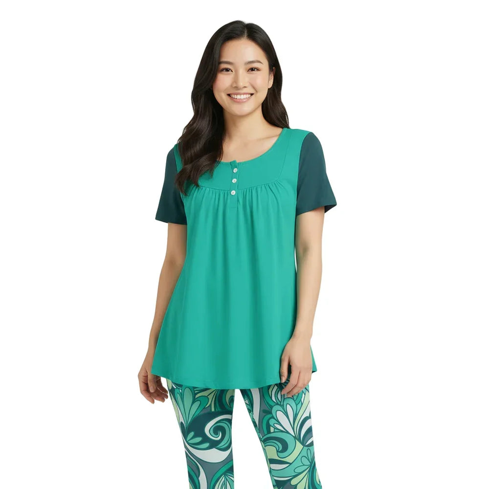 Women's Green Teal Button-Detail Scoop Neck Blouse - Flattering Gathered Color Block Top for Casual wear - Blissfully Brand