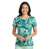 Women's short sleeve teal and green swirl floral pattern top, stylish and comfortable Mima Series Top for casual retro chic - Summer top - Blissfully Brand