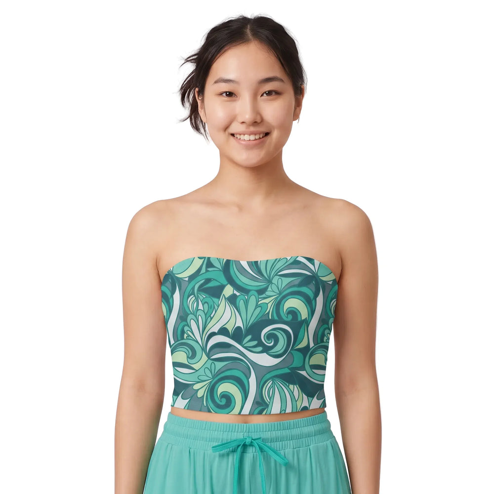 Woman wearing Mima print slim fit bandeau tube top with tropical coral and turquoise pattern, paired with Puerto Rico Green wide leg capris - Blissfully Brand