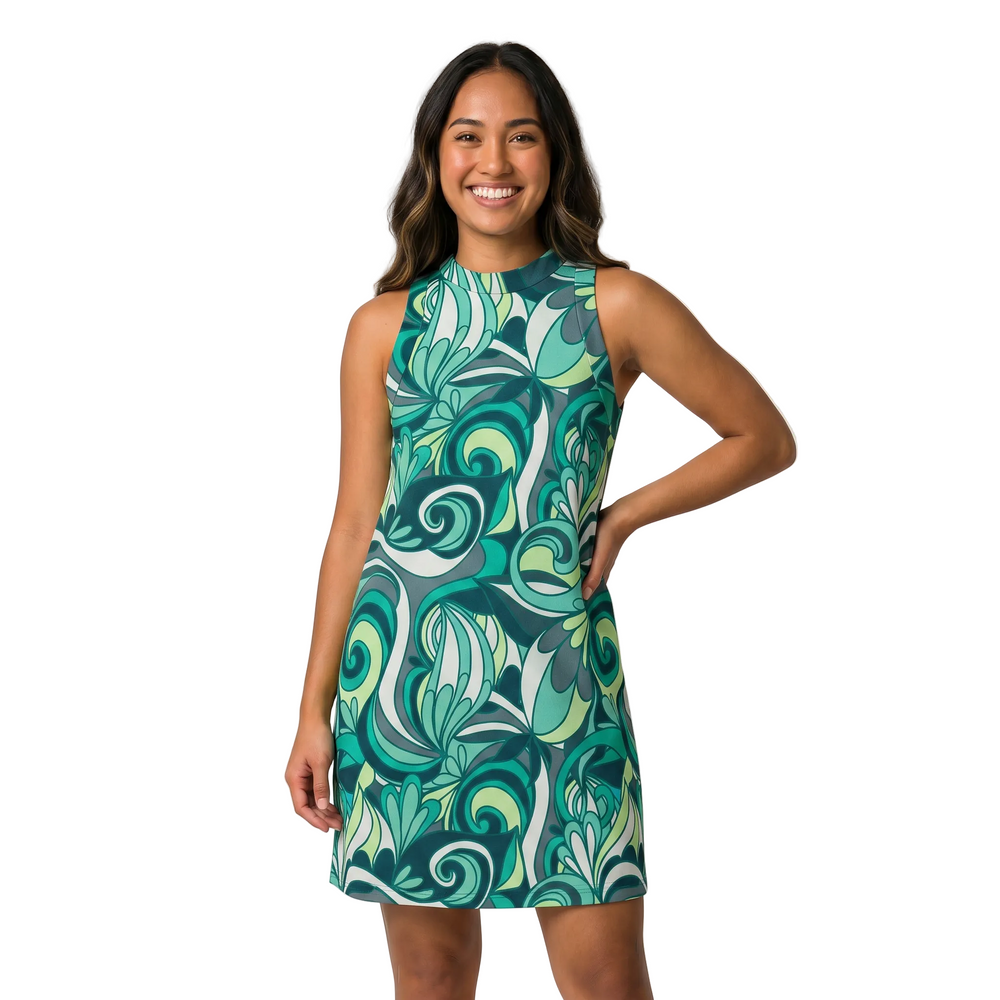 Mima Print Sleeveless Mock Neck A-Line Mini Dress in teal emerald and lime psychedelic swirl print, worn with white ankle boots — Blissfully Brand made-to-order bold fashion