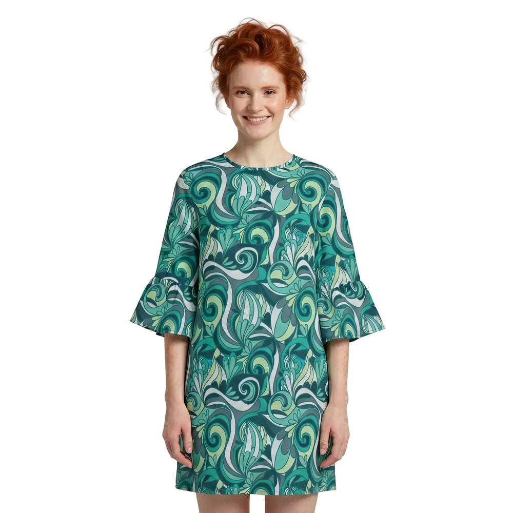 Blissfully Brand Mimas Print 3/4 Bell Sleeve Loose Mini Dress in teal and lime green psychedelic swirl — bold made-to-order fashion for women